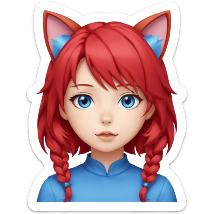 cute anime girl with cat ears, red blowing hair sticker
