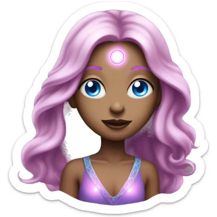 magical diva with thin pink andromedan skin long hair and blue eyes glowing third eye sticker