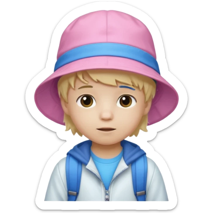 A little boy student white skin, blonde hair, with pink bucket hat, white jacket, blue backpack sticker