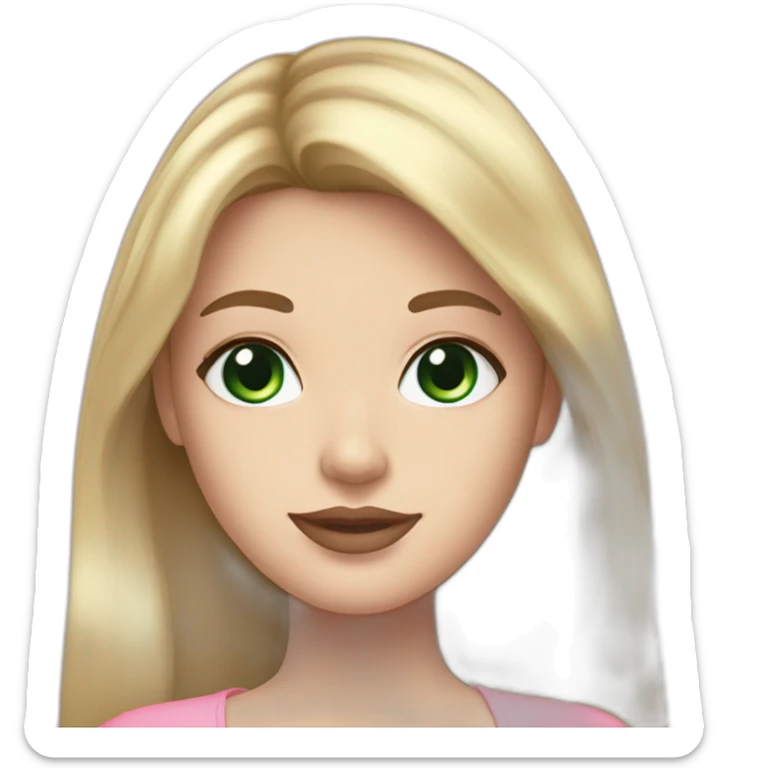Female with long brown hair. Light bang. Dark Green eyes. Pale skin. Aesthetic cute pink outfit. Pink lipstick. Blonde eyebrows  sticker
