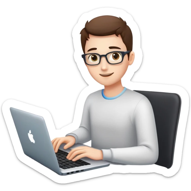 Create an emoji-style illustration of a person using a laptop. The person should have a friendly expression, with focused eyes looking at the screen. The laptop should be modern and slightly open, showing a glowing screen. The character should be sitting comfortably, with hands on the keyboard, conveying engagement in work or coding. The style should be similar to existing emoji aesthetics, with smooth shading and vibrant colors. The background should be minimal or transparent sticker