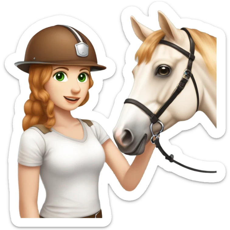 Extremely attractive and feminine white teen girl with green eyes and medium length strawberry blonde hair wearing traditional English riding helmet giving a treat to a brown and white paint horse sticker