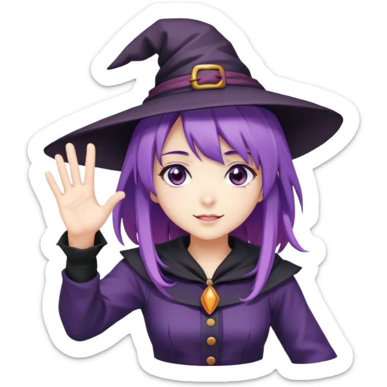 anime girl with purple hair in witch hat waving hand sticker