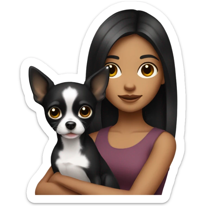 girls with black hair holding her black chihuahua  sticker