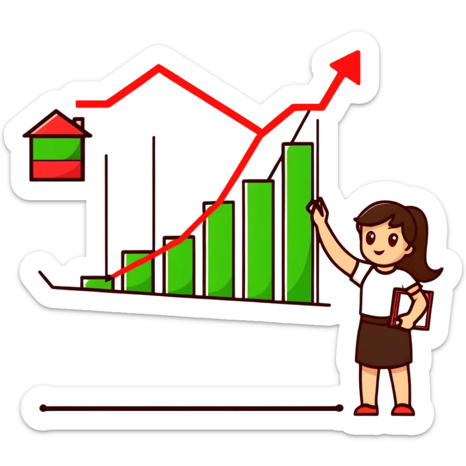 Girl holding chart with rising green graph line in right hand and holding another chart with falling red graph line in left hand sticker
