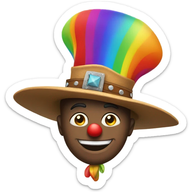 Clown with a cowboy hat and a rainbow on top of his head sticker