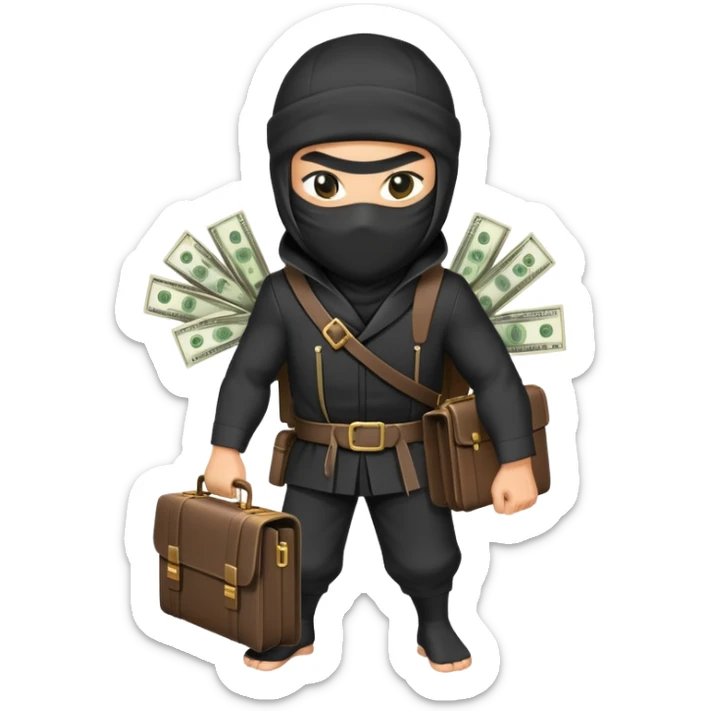 Ninja with briefcase full of money, cash sticking out, stealthy pose sticker