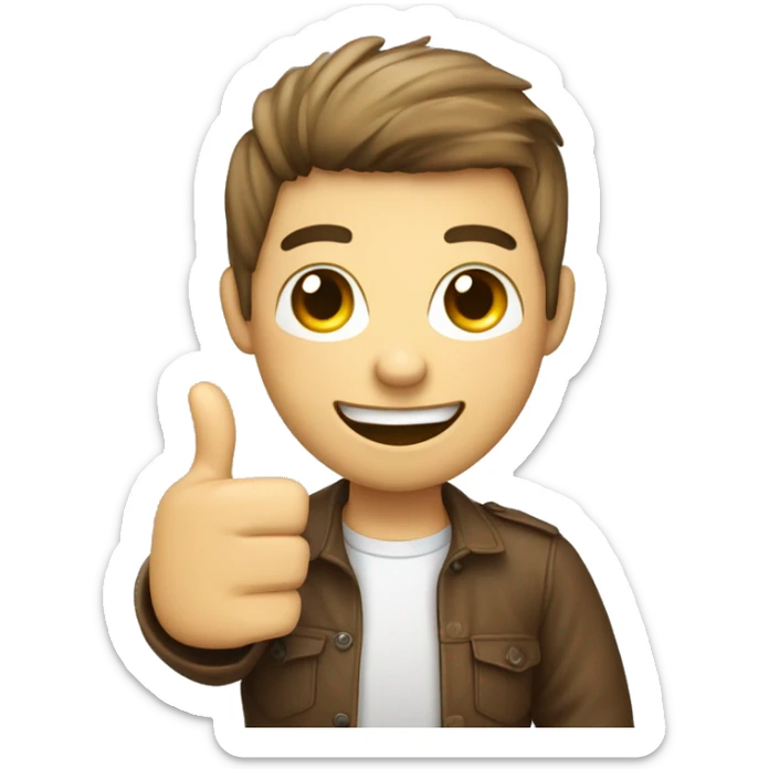 A young person holding a phone call form featuring a happy face emoji and giving a thumbs-up, symbolizing positive feedback sticker