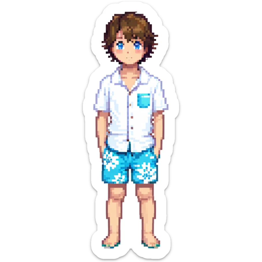 boy with brown hair, white shirt, blue swim shorts sticker