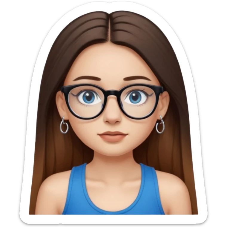 White girl with long straight brown hair and blue eyes wearing plastic frame glasses that go from black to clear ombré from top to bottom. Septum nose piercing and stud nose piercing on right side of nose. Wearing BLACK tank top. Wearing big hoop earrings  sticker