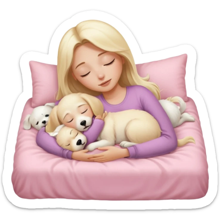 Blonde long hair lady sleeping in her light pink bed cuddling with her white puppy  sticker