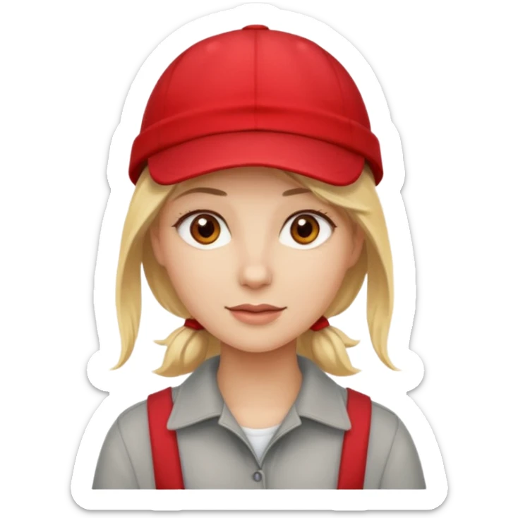 A blonde woman with light brown eyes with white skin and wearing a red cap sticker