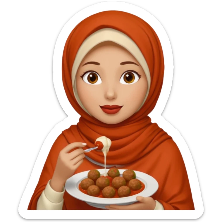 woman wearing a cream colored pashmina hijab eating meatballs sticker