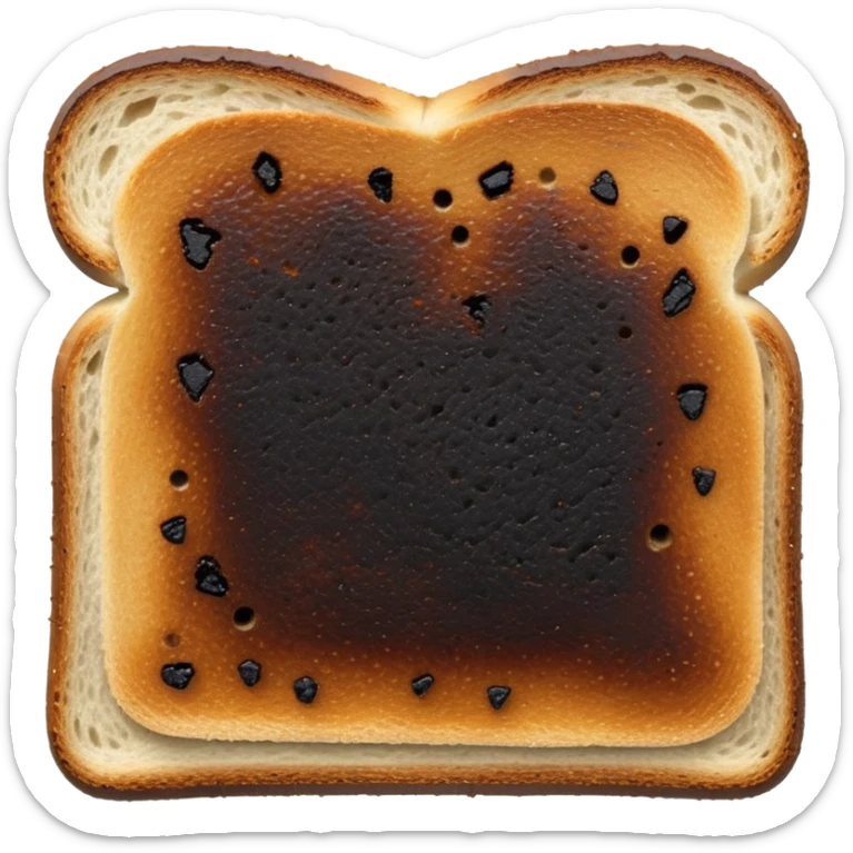 A single slice of toast, completely blackened and burnt all over, with no golden areas left. The surface is charred, dry, and cracked — representing an overcooked, inedible toast sticker