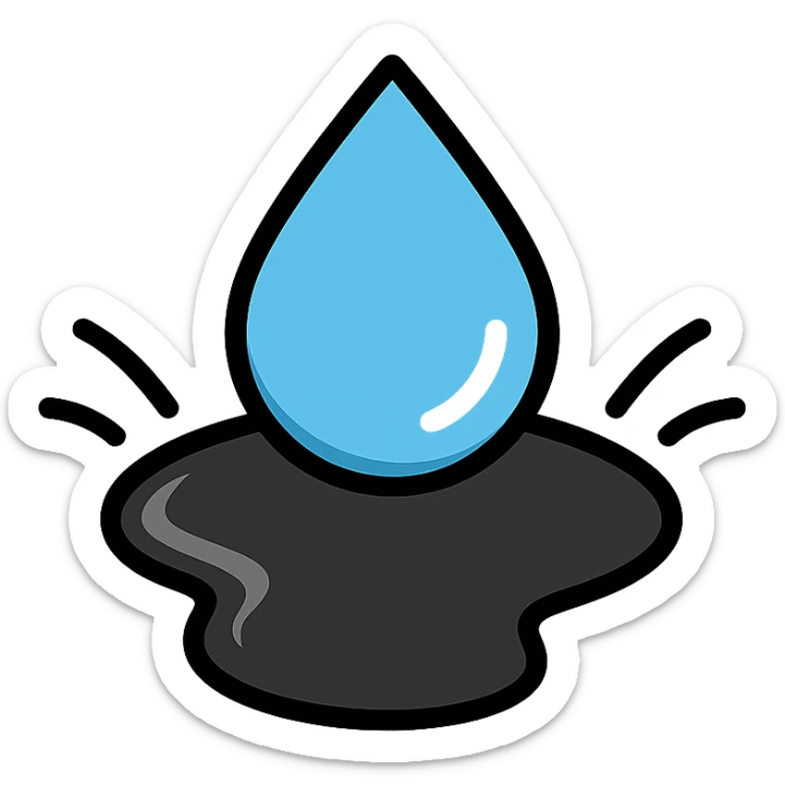 water droplet sliding on glossy black mirror-like paint, main color glossy black, subtle repellent effect with water lines moving away, modern and clean icon sticker