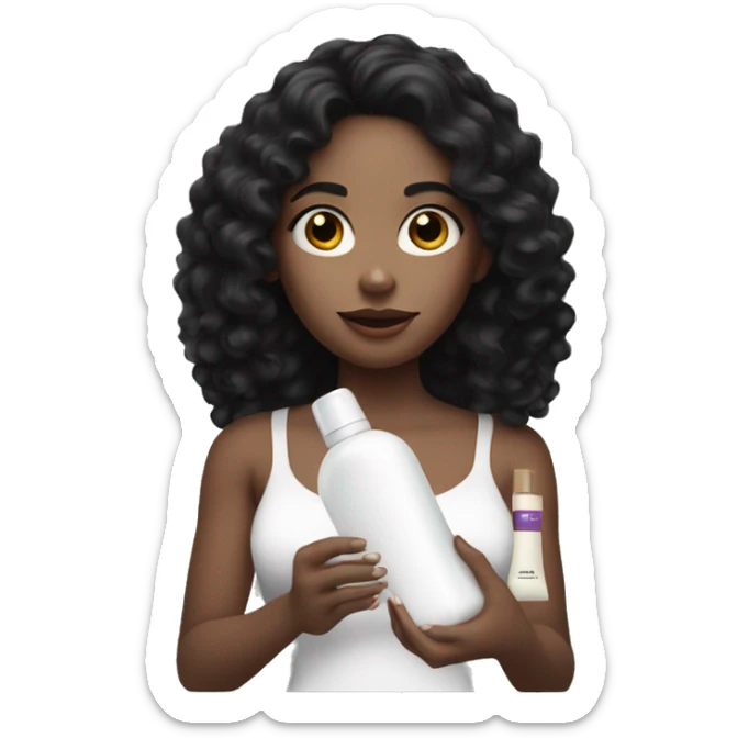 A white skinned  girl with black curly hair holding a lotion sticker