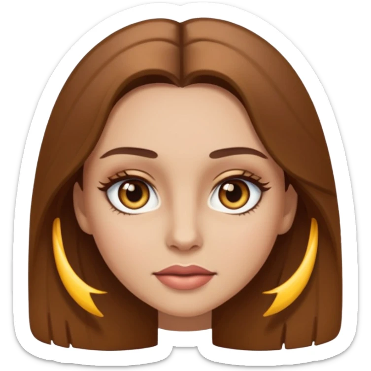 female face with hazel eyes, long brown hair, visible mascara, emoji style sticker