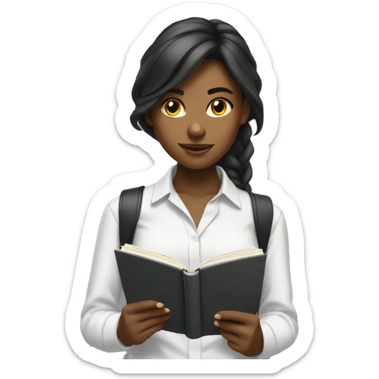 young black female student with straight  long hair reading white collar shirt sticker