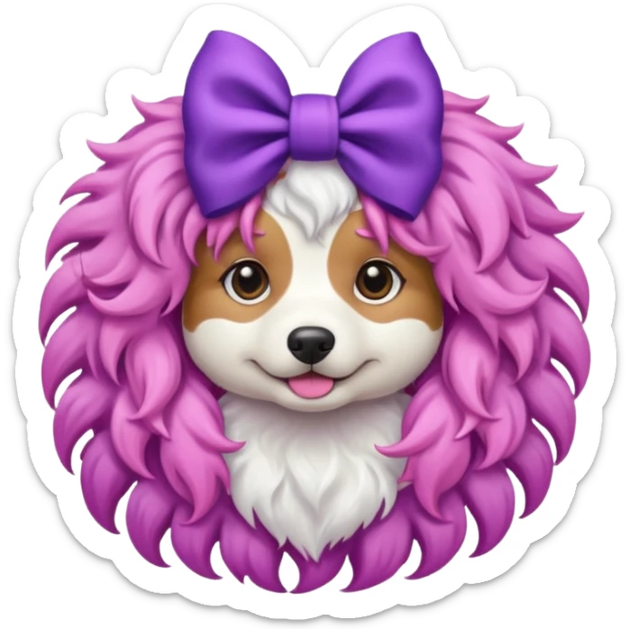 dog with pink long curly hair and purple bow on head sticker