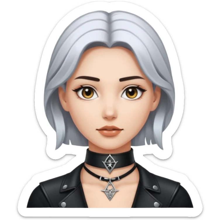 Leather choker with sigil around woman’s neck, pulse visible, dominance tone sticker