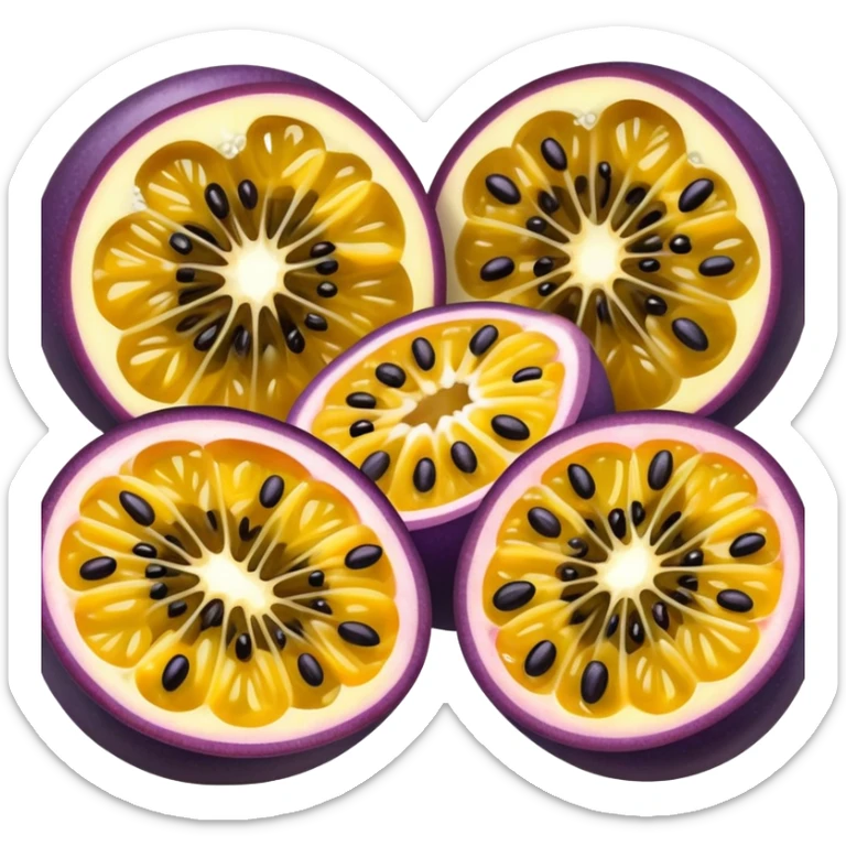 passion fruit, purple outer skin with yellow juicy flesh and black seeds sticker