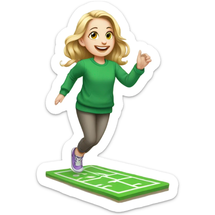 a white girl in a green sweatshirt playing hopscotch sticker