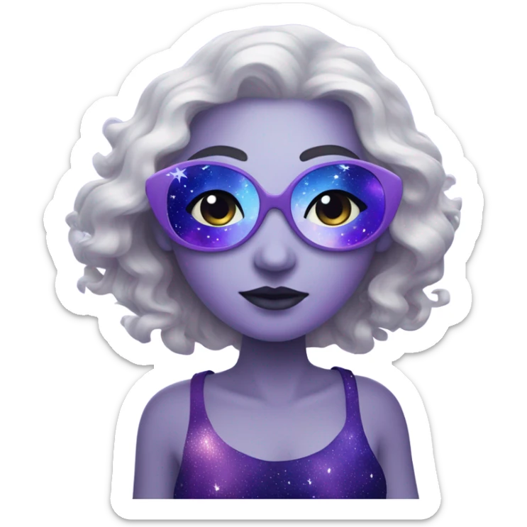 white-skinned mystical woman with white skin with sparkling galaxy hair with moon and stars in purple and blue shades sticker