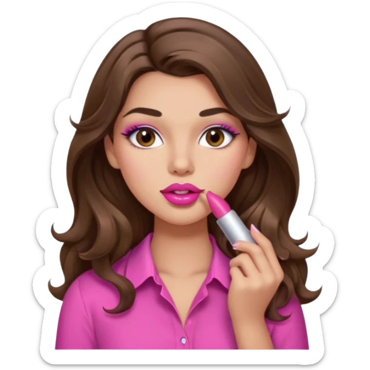 girl with long wavy brown hair, brown eyes, light to medium complexion, in a pink sexy shirt, pink lips, long lashes, puckered lips, putting on lipstick sticker