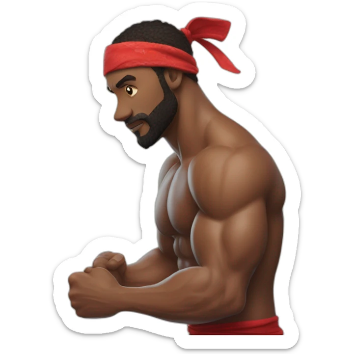 muscular man in red bandana standing sideways turns his head to face the viewer,his left hand is bent in the elbow,torso sticker