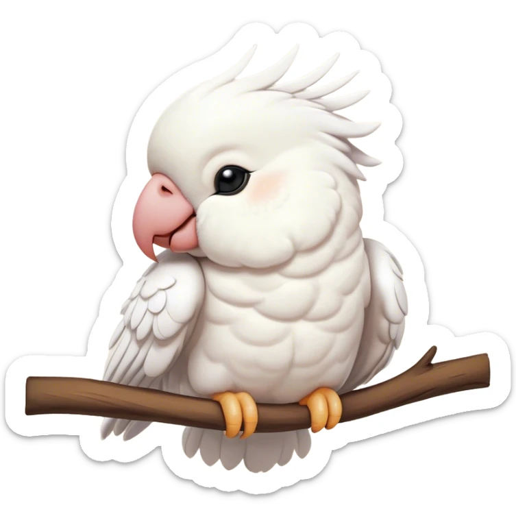 Meme-Worthy Cute Sleeping Cockatoo Portrait Emoji, Head resting peacefully with a contented smile, showcasing a softly feathered body with a gently drooping crest and eyes closed in serene slumber, Simplified yet adorably endearing features, highly detailed, glowing with a soft, drowsy tropical light, high shine, relaxed and utterly lovable, stylized with an air of playful laziness, soft glowing outline, capturing the essence of a sleeping cockatoo that feels destined to become the next viral icon of adorable rest! sticker