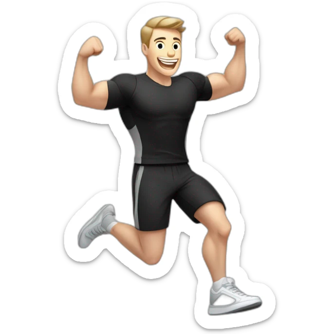 Joyful Celebrating victory Pale skinned Fit Man With the biceps and dark brown hair in black shirt, gray sports shorts and white Sneakers sticker
