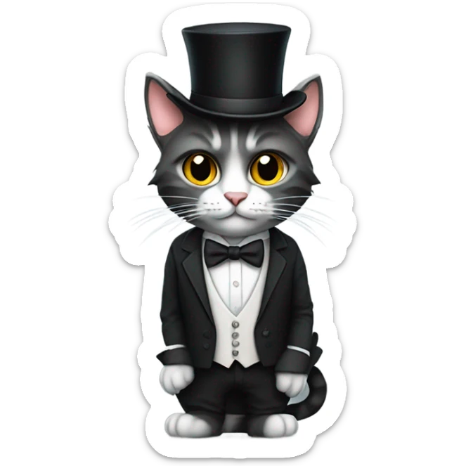 Cat with a top hat wearing a suit and tie and black ripped jeans with a fluffy tail and sharp claws and fingerless white gloves  sticker