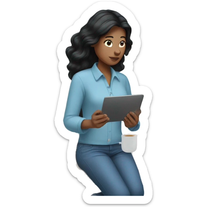 Woman working on a computer with black hair, AirPods and blue shirt sticker