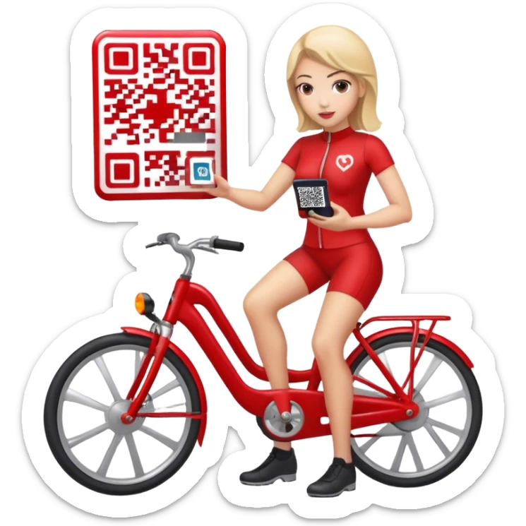 QR code on a red bike  -and a woman scanning the code standing next to the bike sticker