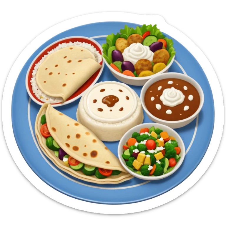 dinner plate , rice , bowl of  gravy , roti , veggies , curd , salad    sticker