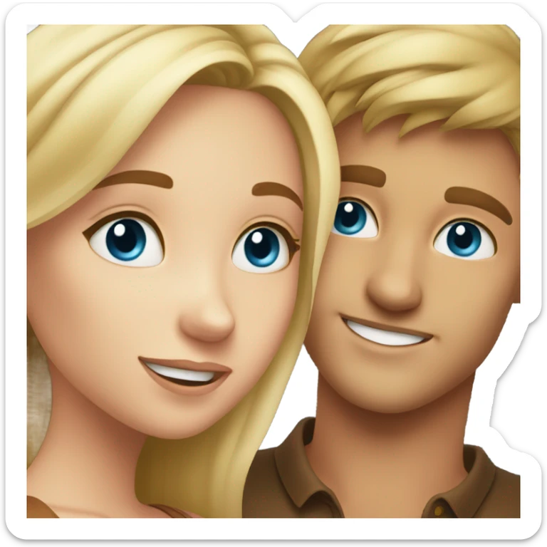 A guy with blue eyes and blond hair hugs a girl with brown eyes sticker