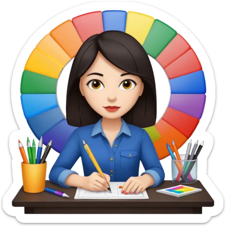 female dark hair graphic designer , color wheel, pens, papers , desktop sticker