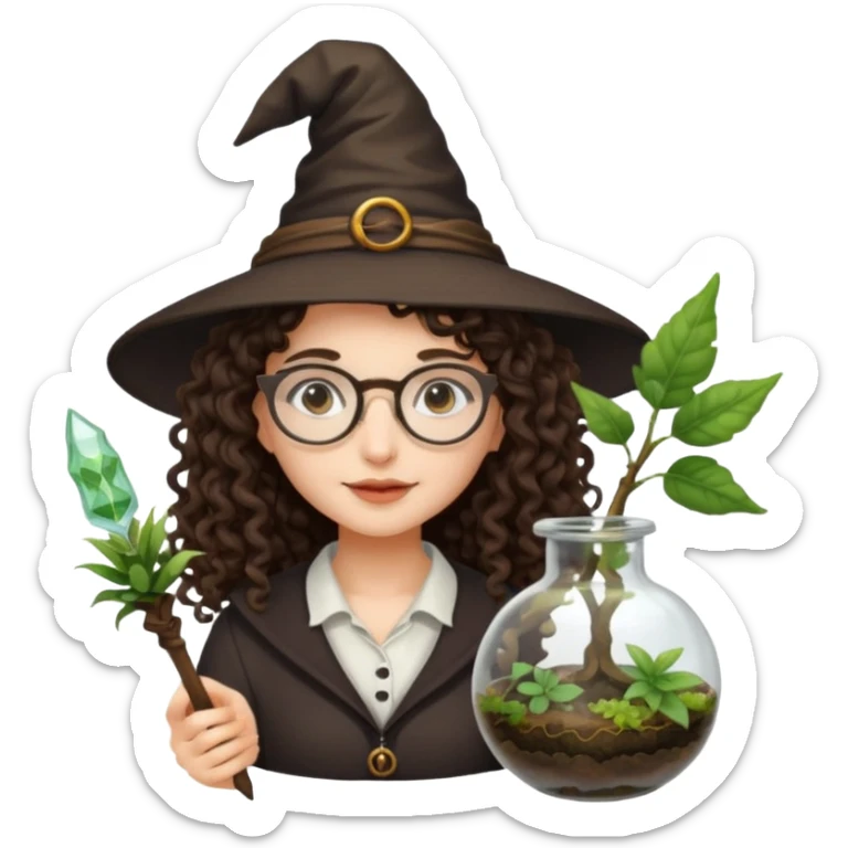 A long curly haired brunette girl with a witch hat, round white glasses, and a plant wand or plant potion terrarium sticker