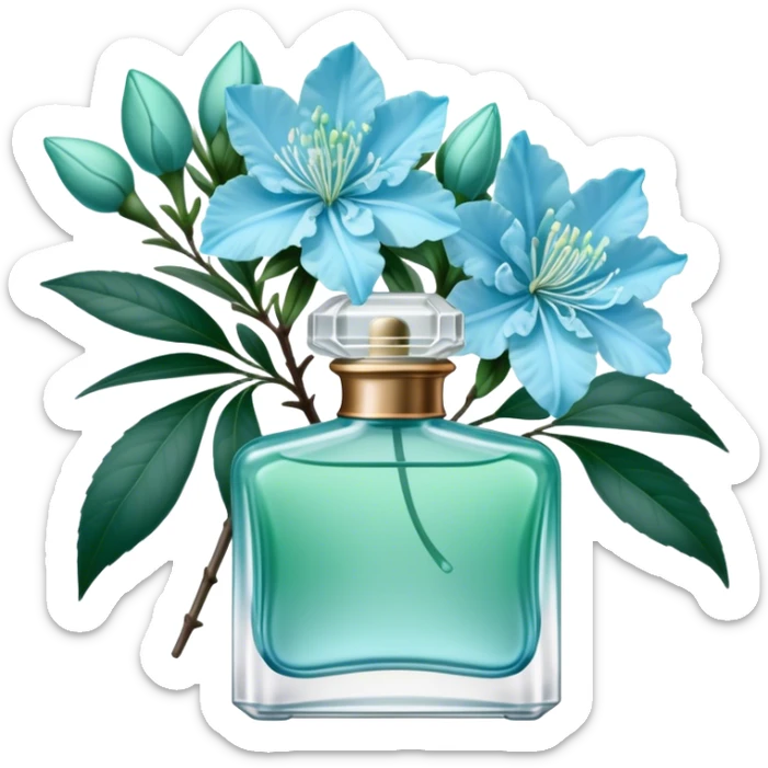 Aesthetic ensemble of soft blue azaleas alongside a charming vintage green perfume bottle.
 sticker