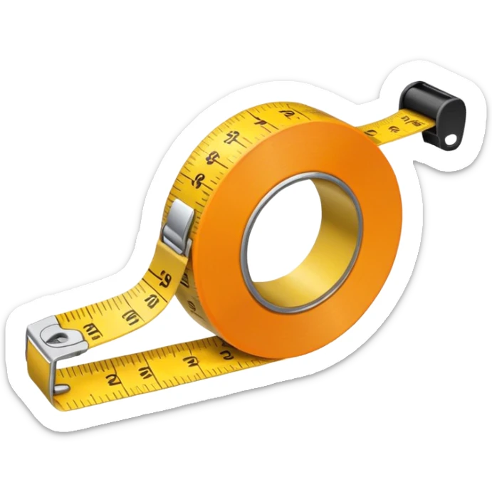 Flat vector illustration of a rolled measuring tape in yellow and orange color, simple bold outlines, minimal shading, emoji style, centered on white background. sticker