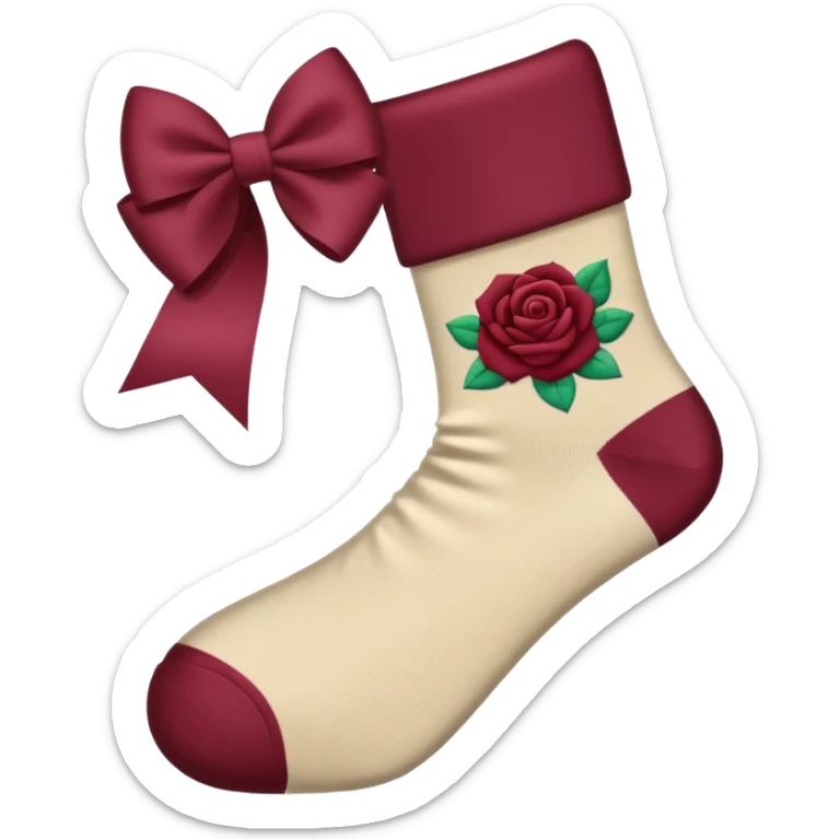 beige socks with a burgundy bow in a ribbon rose style, emoji style sticker