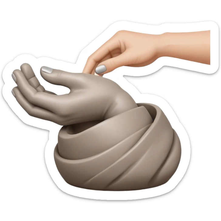 single hand with curved fingers hugging the side of a clay blob on a silver pottery wheel sticker