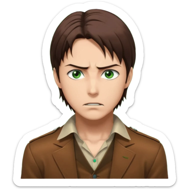 “Make him look like Eren Yeager S3 — long brown hair tied back, strong jawline, sharp green eyes, that cold, intense Eren vibe.” sticker