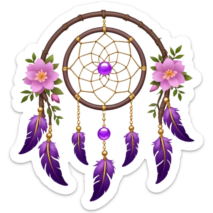 A white-wooden-circle-framed Dreamcatcher. with purple-round-orbs, gold-rings hanging down. purple flowers, pink sakura flowers, sticker