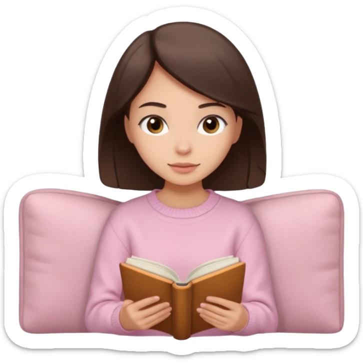 Pretty brown eyed brunette girl with light pink sweater reading cozy sticker