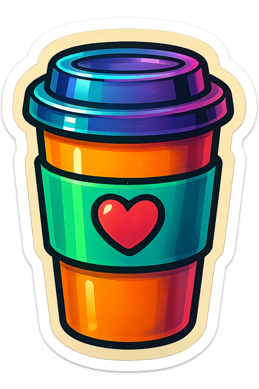 retro sticker-style image of a to-go coffee cup with a heart or star accent on the sleeve, bold outlines, juicy colors, expressive shadows and highlights sticker
