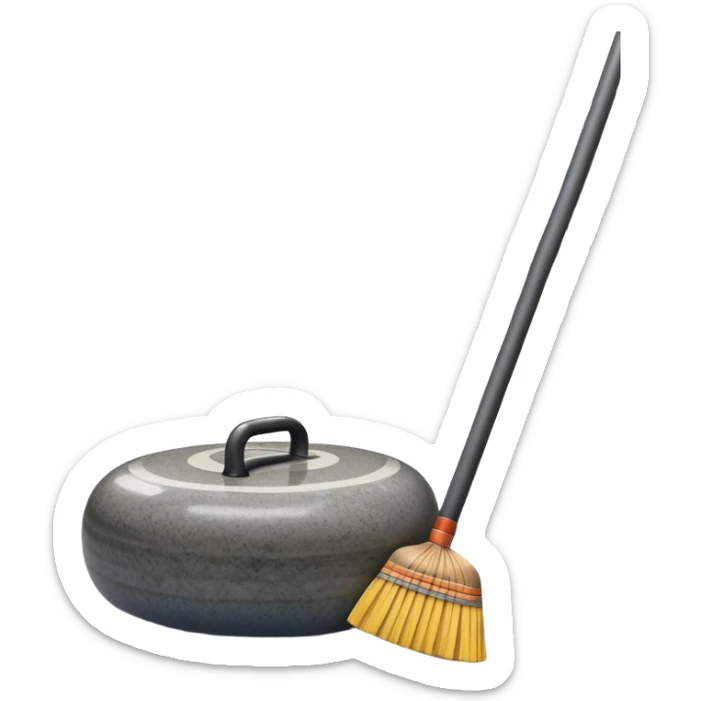 An icon showing a detailed close-up of a curling stone sliding across the ice, with a broom in motion beside it. The background features an indoor stadium with cheering spectators on the stands. Transparent background captures the strategy and focus of curling. sticker
