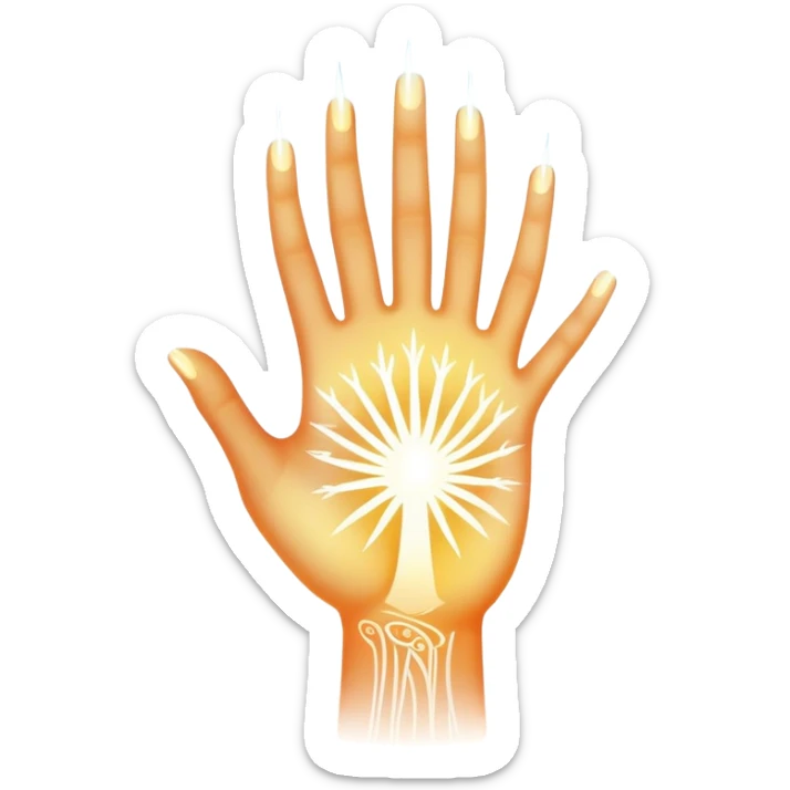 ethereal glowing hand with intricate symbolic palm lines, radiating mystical energy sticker