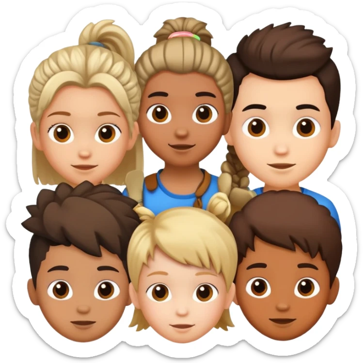 group of children's heads with various hairstyles, fun and diverse sticker