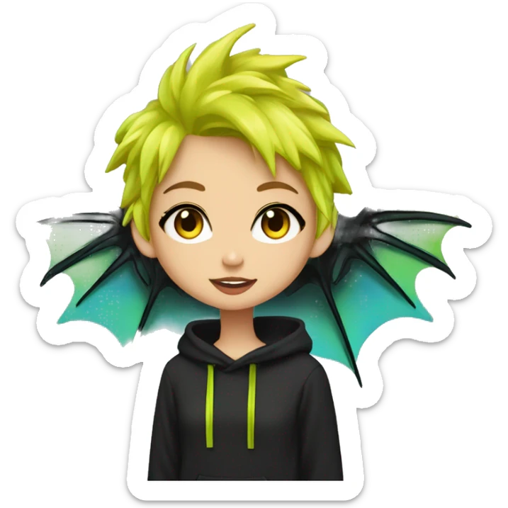Lady with brunette and iridescent blue hair, gold, lime green dragon wings, black hoodie, bleach dyed, black and gold Nike t shirt, and bright red eyes sticker